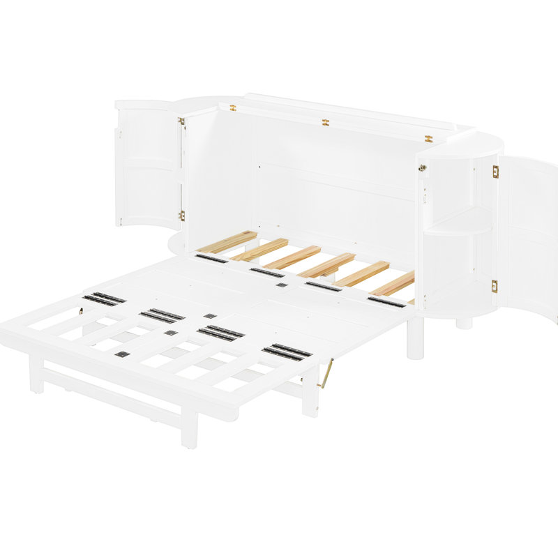 Lit double avec rangement caché et style tissé moderne en blanc - pour les petits espaces Matelas pliable Pratique Élégant tiroir à garniture avant Armoires latérales extra et longue durée L 76,4 po x l 108,3 po H 42 po