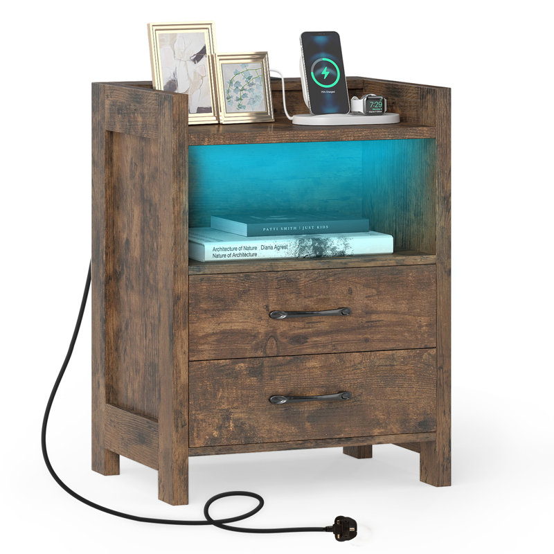 Nightstand LED Bedside Table With LED Lights & Power Outlets, Brown