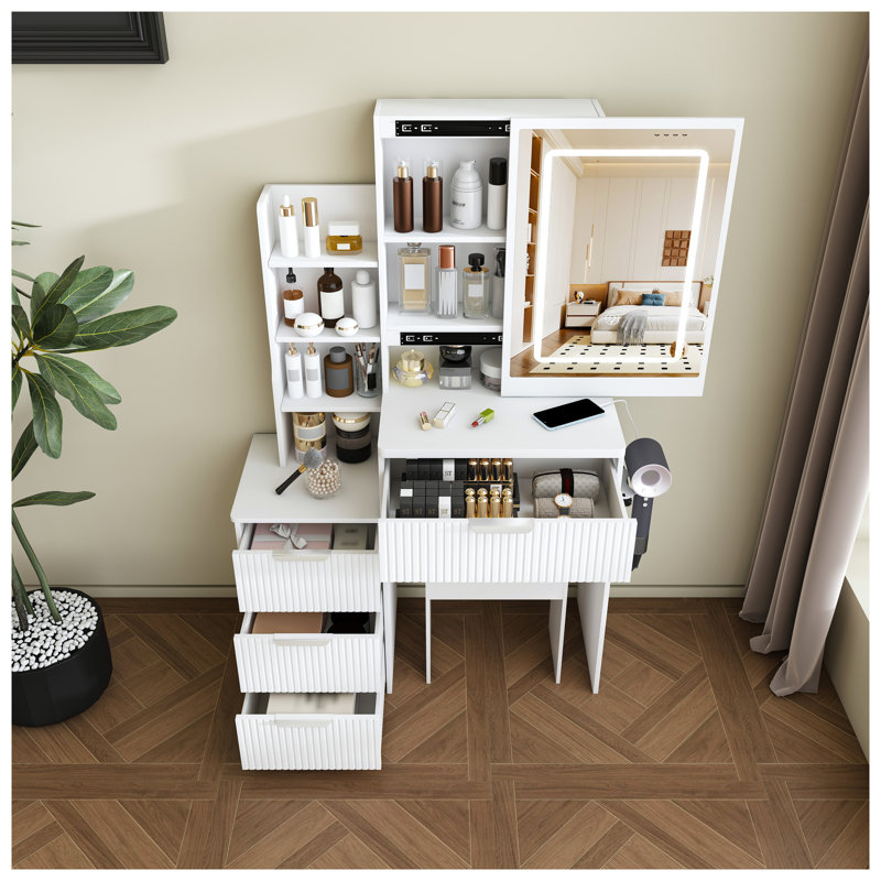 Meuble-lavabo moderne avec miroir à DEL, table de maquillage avec prise de courant et support pour sèche-cheveux, coiffeuse blanche à 4 tiroirs et tablettes de rangement