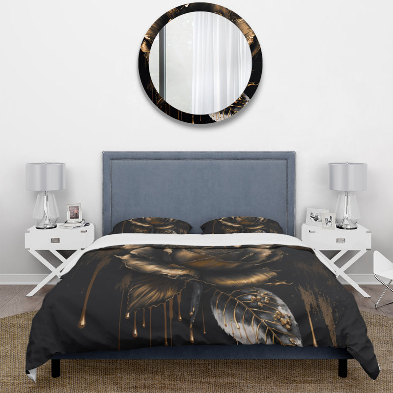 Black and Gold Rose III - Ensemble de housse de couette à motif floral rose - Microfibre de polyester