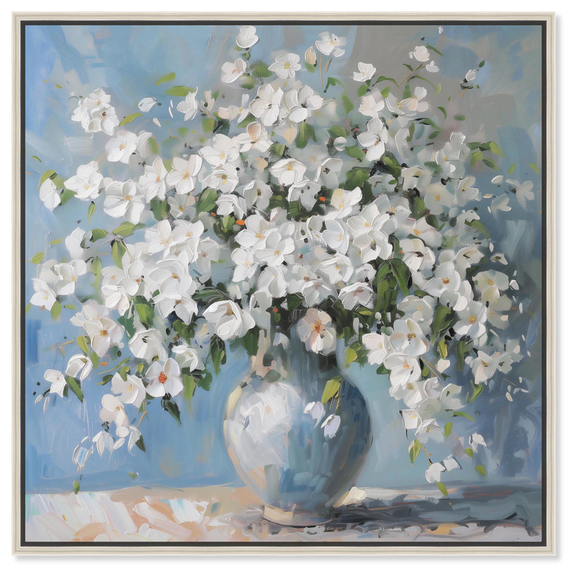 Vase ciel clair sur toile, H 13 po x l 13 po, Cadre flottant argent