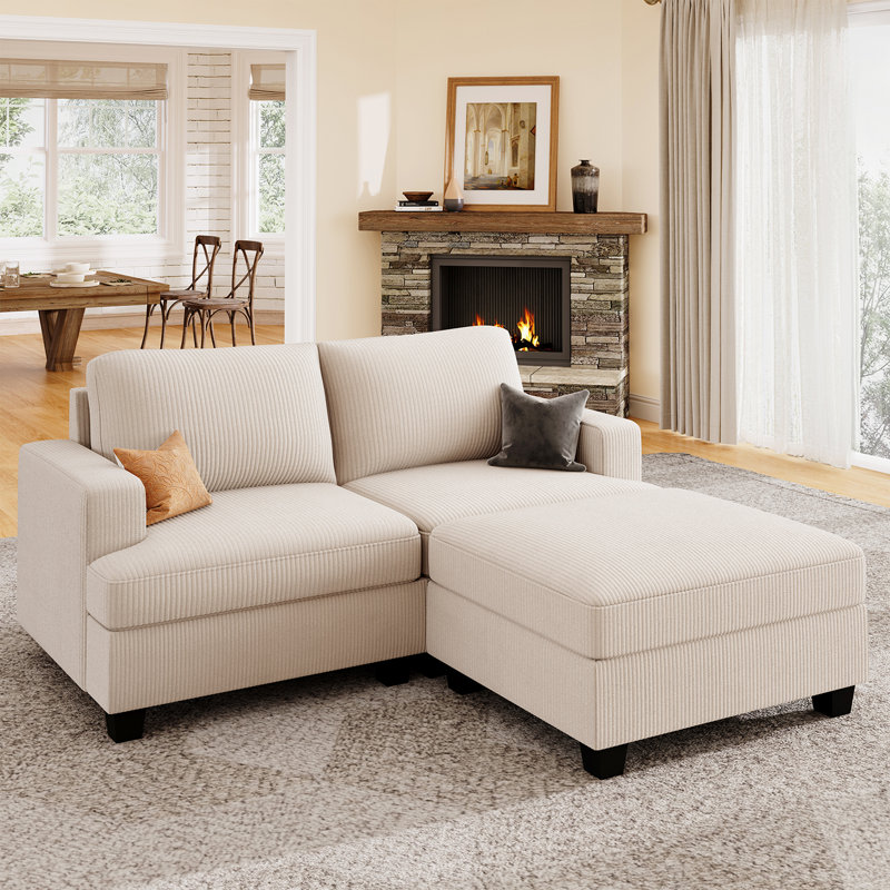 L-shaped Corduroy Sectional With Storage Ottoman, Beige Corduroy