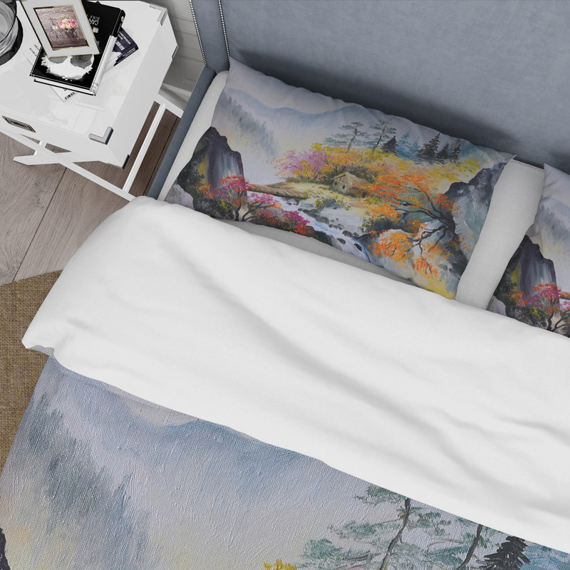 Little House In Vibrant Mountain Landscape - Ensemble de housse de couette traditionnel - Microfibre de polyester