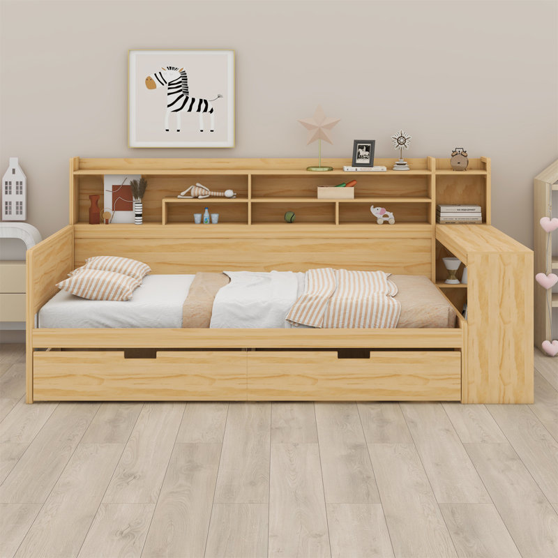 Lit de jour en bois avec tablettes de rangement, lit multifonctionnel avec deux tiroirs de rangement et bureau d'étude