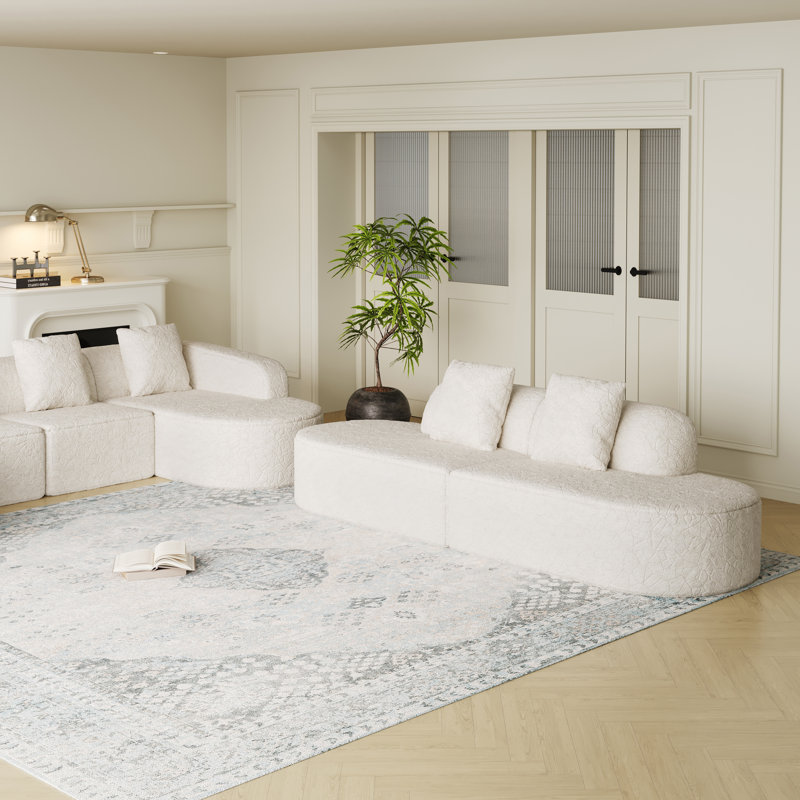 Canapé incurvé modulaire avec méridienne en polyester texturé litchi et très large, Polyester blanc