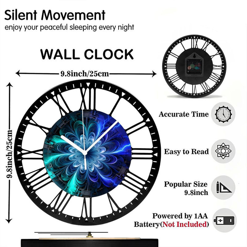 Horloge murale ronde en fer 10 po avec mouvement à quartz silencieux, chiffres romains, impression UV, Bleu électrique