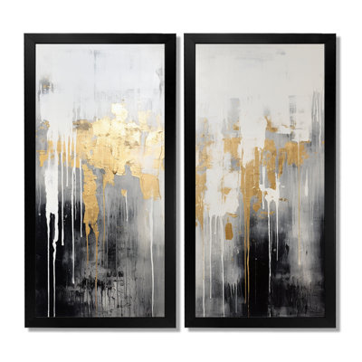 Dripping or blanc gris noir or - abstrait, art abstrait doré 2 panneaux
