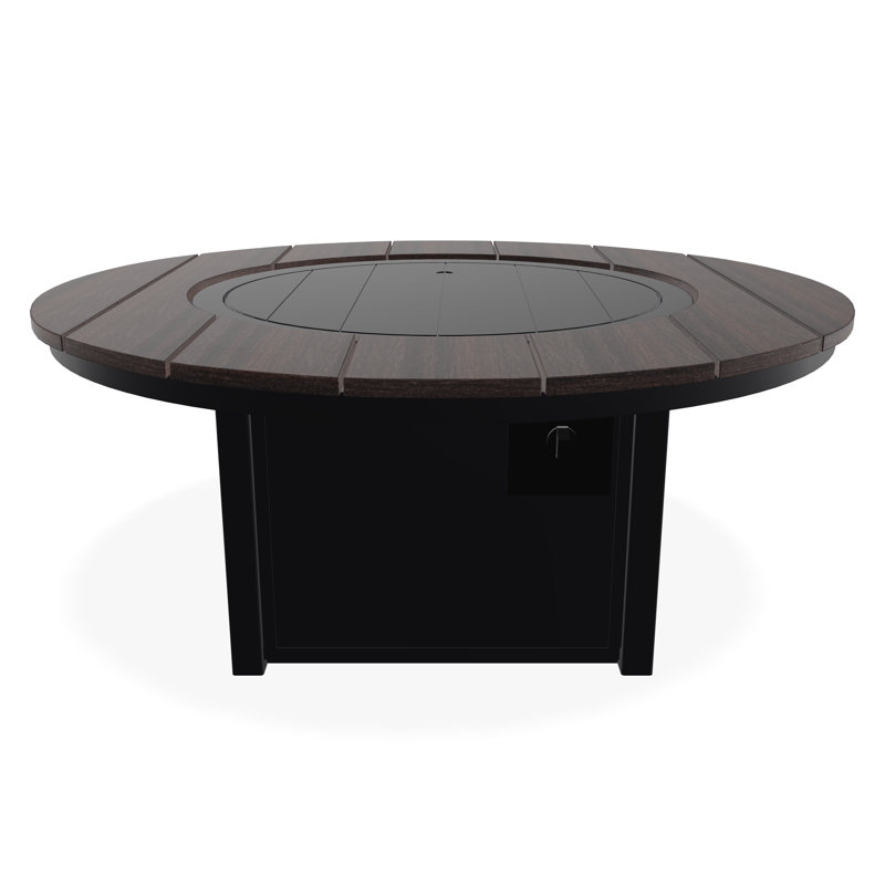 54" Round Rustic Polymer Fire Table with Propane Shelf, Black/Chestnut