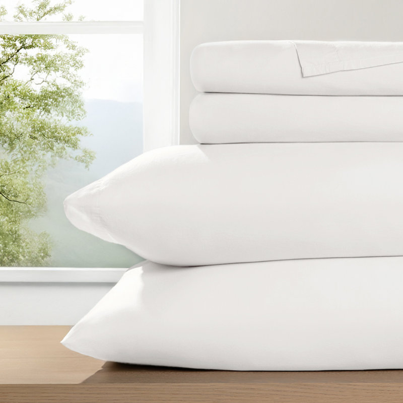 Ensemble de draps 100% coton percale brossé et délavé 4 pièces, Ensemble de draps pour grand lit avec 2 taies d'or, Blanc