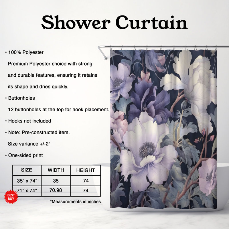 Floral Shower Curtain, 74"H x 71"W