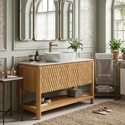 48" Modern Freestanding Bathroom Single Vanity With Marble Pattern Vessel Sink, Sintered Stone Top & Solid Wood Bamboo Texture Doors