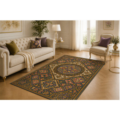 5' x 7' Vintage Mosaic Rug, Floral Tile Medallion and Ornate Geometric Patchwork Design, Smooth Printed Floor Cover for Living Room, Bedroom, Dining Room and Bohemian Decor