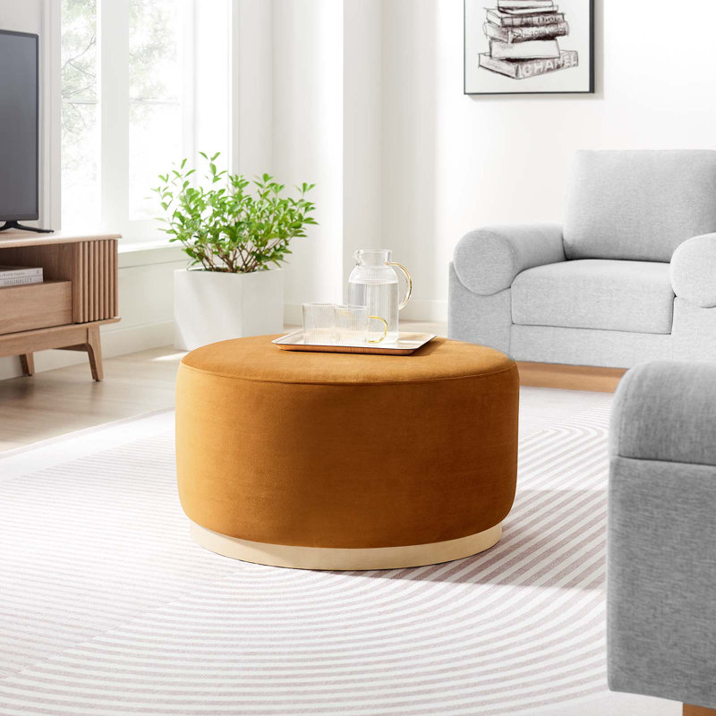 Tilden Large 29" Round Boucle Upholstered Ottoman, Brown Velvet