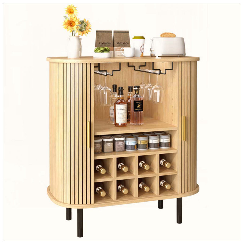 Armoire à vin cannelée de 28 po avec support à vin à 8 grilles, 5 tablettes réglables à 5 niveaux, 2 porte-verres, portes à tambour coulissantes, 4 espaces de rangement cachés sur le côté