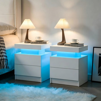 Ensemble de 2 tables de chevet à DEL avec 2 tiroirs pour la chambre à coucher (blanc)