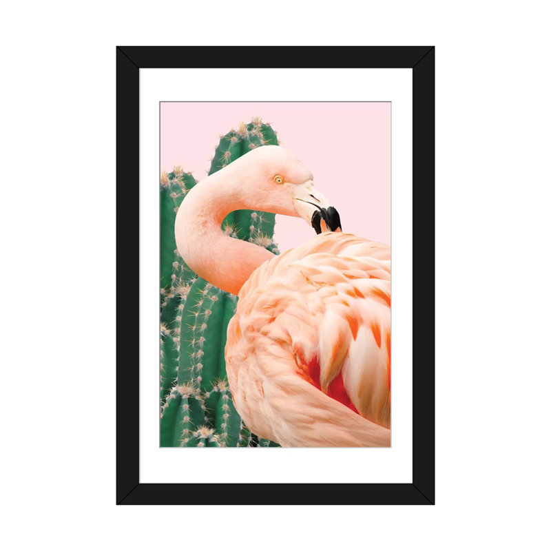 «Flamingo and Cactus», impression sur toile, H 32 po x l 24 po x P 1 po, Papier d'art encadré noir, Blanc