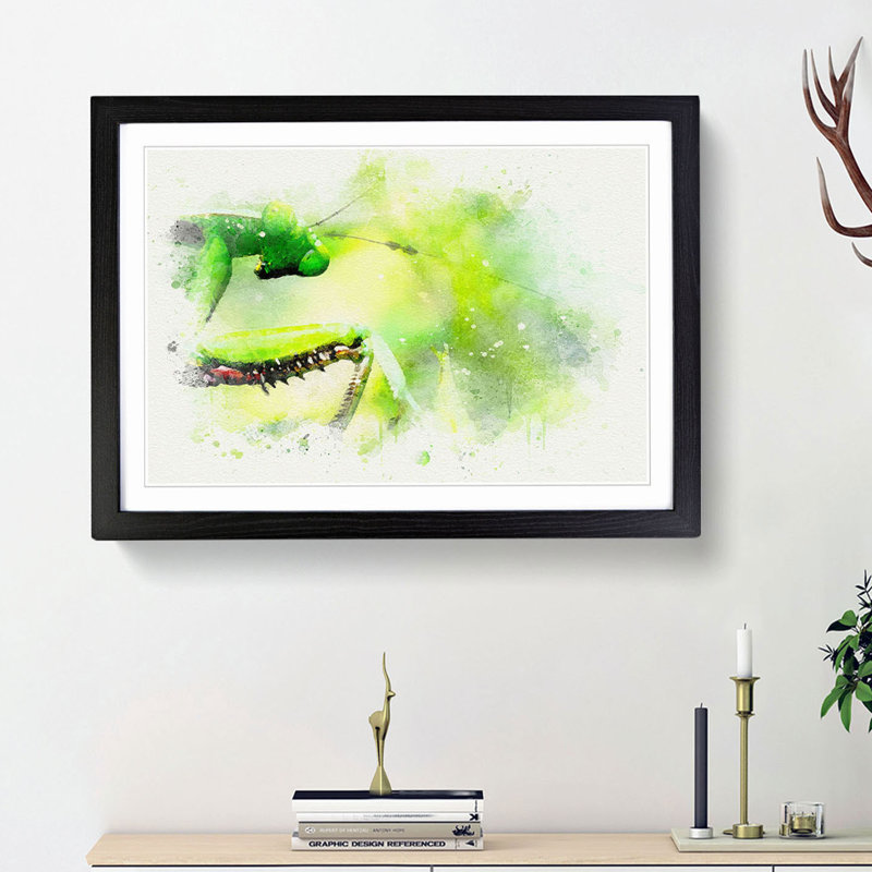 Peering Praying Mantis in Abstract - Picture Frame Graphic Art Print, 62cm H x 87cm W x 2cm D, Black Framed