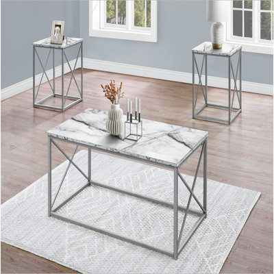 3pcs Table For Venue - Coffee & 2 End Tables, White Marble Look, Grey Metal Contemporary 3 Element,
