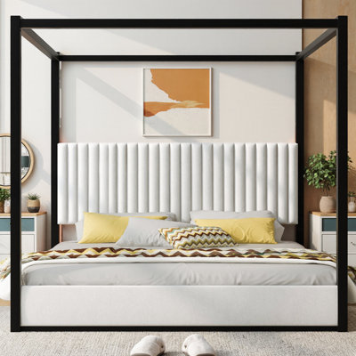 King Size Upholstered Canopy Bed, Platform Bed Frame with Velvet Headboard & Metal Frame, 4-Poster Canopy Bed for Romantic & Modern Bedroom, No Box Spring Needed