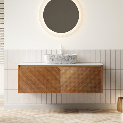 Meuble-lavabo 48 po, unité de rangement en contreplaqué flottant, portes doubles en sergé, garniture en métal, vasque en marbre blanc, comptoir en pierre frittée, couleur chêne, excellente résistance aux égratignures, fermeture en douceur