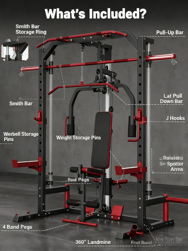Multi-Functional Smith Machine with Cable Crossover, LAT Pulldown & Spotter Arms for Full Body Strength Training