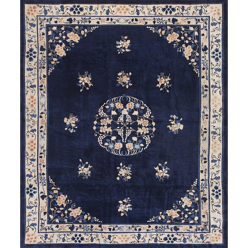 Wool Rectangle Blue Hand Knotted Pile 1920s Antique Chinese Rug