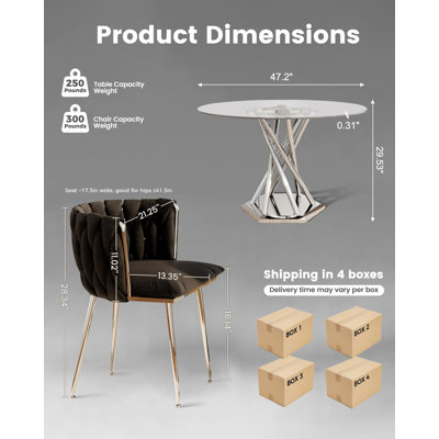 47.2" Round Glass Dining Table Set for 4, 5-Pieces Round Dining Table set, Tempered Glass Dining Table Set with 4 Velvet Upholstered Chairs, for Kitchen, Apartment