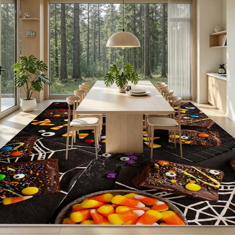 Tapis intérieur brun lavable à la machine, motif de monstre en chocolat et bonbons, Rectangle 71 po x 98 po