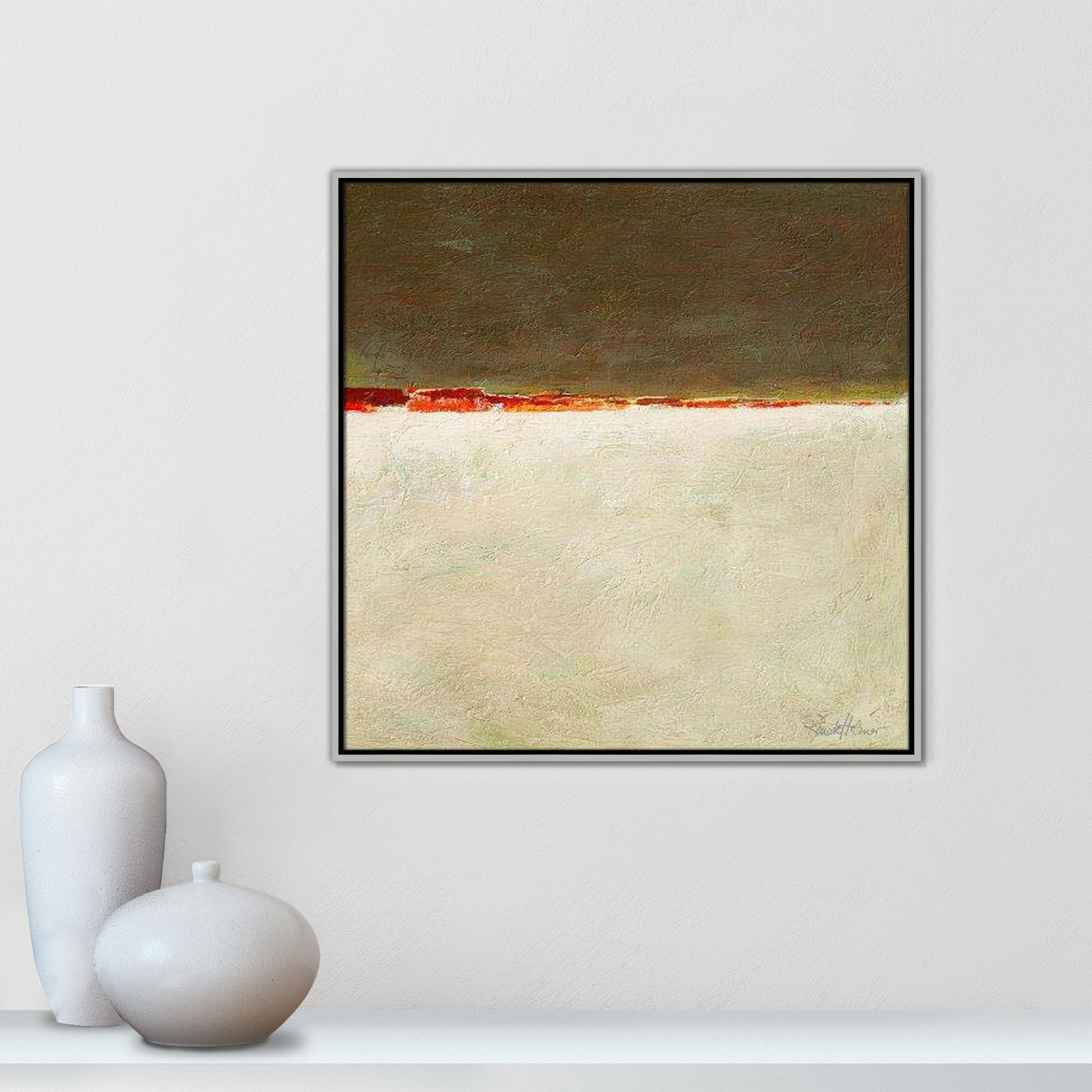 Orange Horizon I by Renate Holzner, 31.5'' H x 31.5'' W x 2'' D, Silver Framed