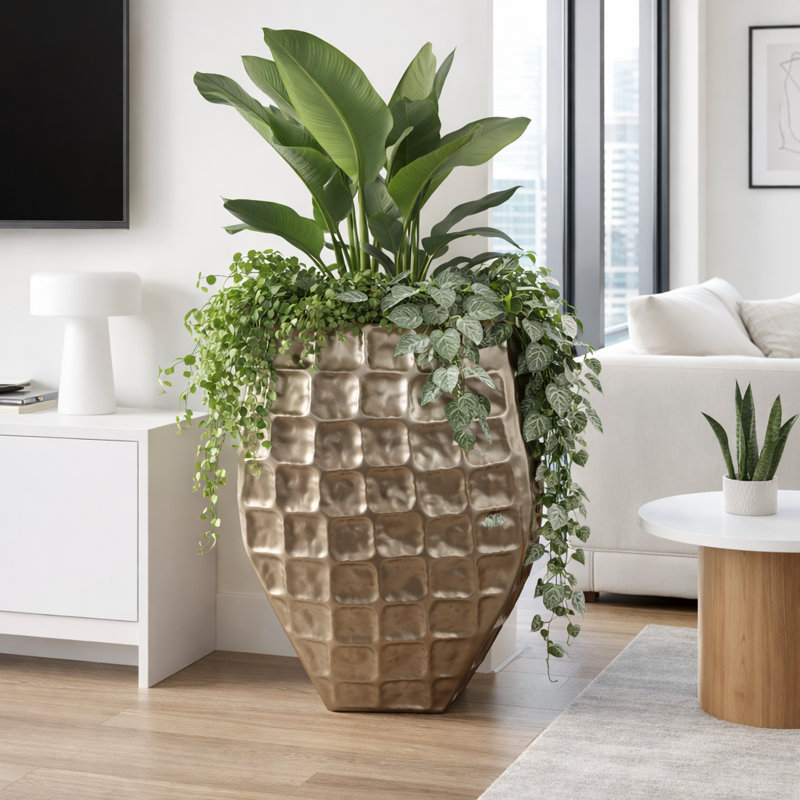 Modern Aluminum Planter with Textured Geometric Design and Tapered Square Shape for Contemporary Style Decor - 25"