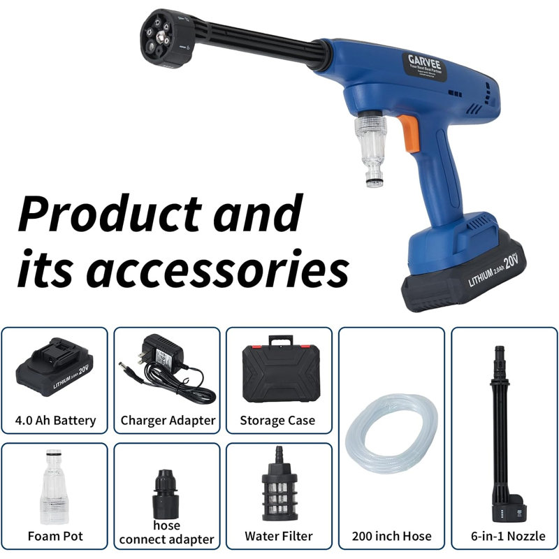 Nettoyeur haute pression sans fil portatif - buse réglable 6-en-1, alimenté par batterie, nettoyeur à auto-amorçage - pour les voitures, les cours et l'utilisation à l'extérieur, bleu - Comprend 1 bloc-piles