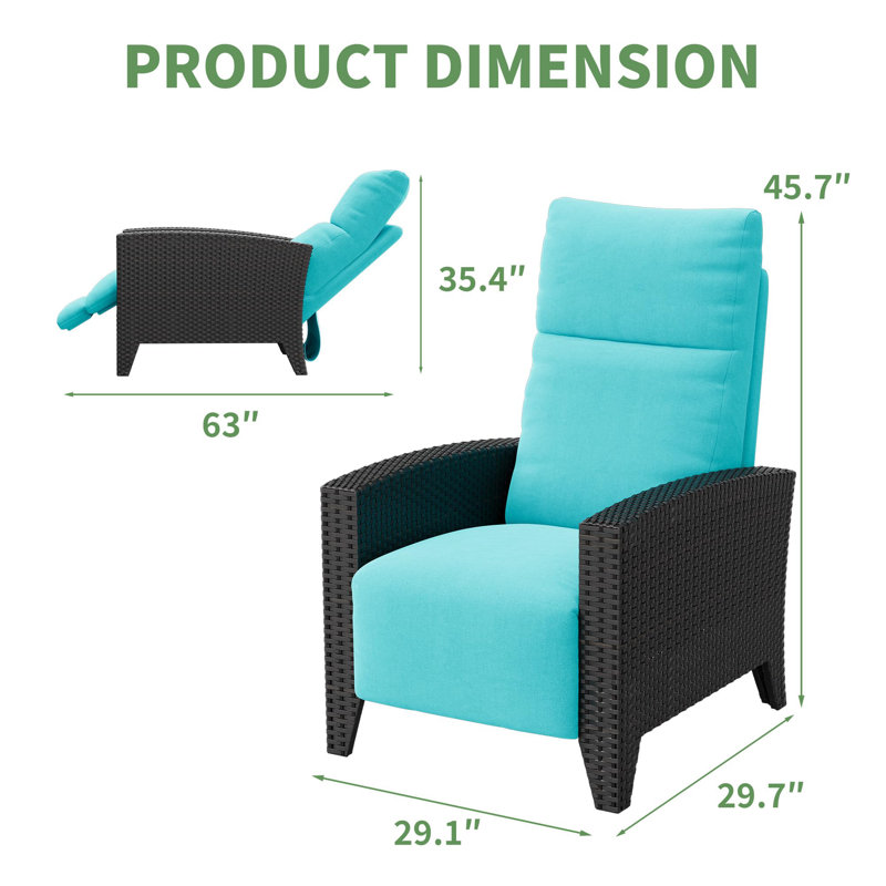 Fauteuil inclinable d'extérieur en osier avec dossier et repose-pieds réglables, fauteuil de patio avec table rabattable et coussin, structure en acier