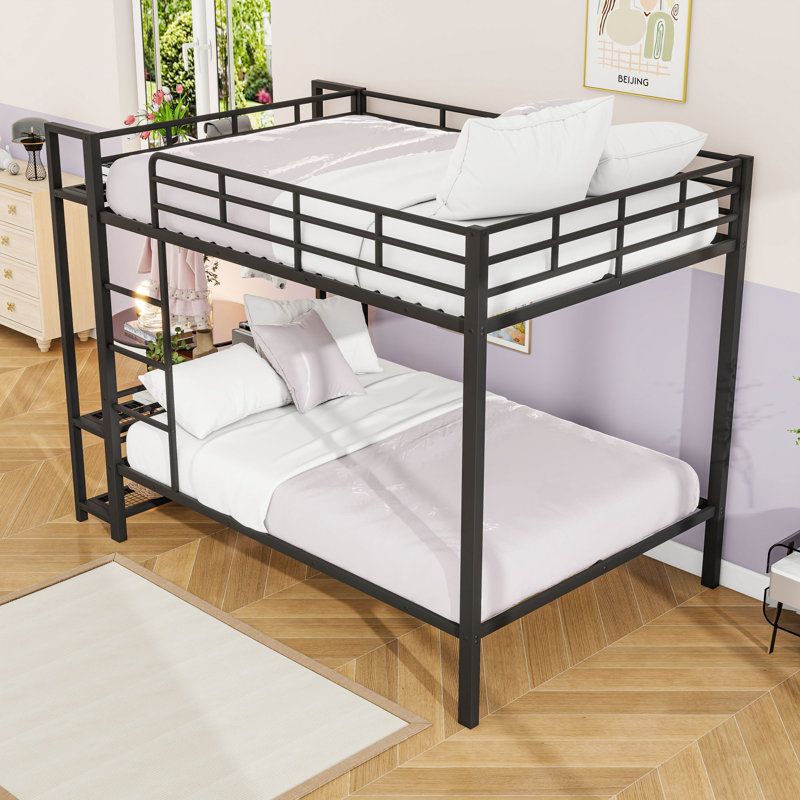 Full Over Full Metal Bunk Bed With LED Lights And Storage Shelves, Black