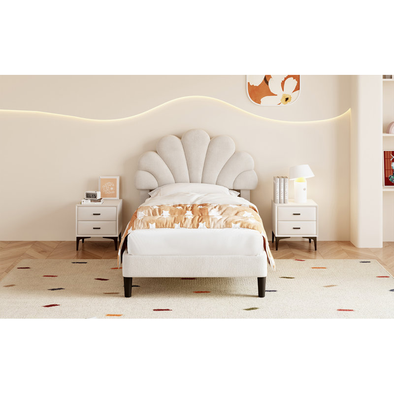 Forcier 90x190cm Single Velvet Upholstered Bed Frame with Adjustable Petal Headboard, Beige