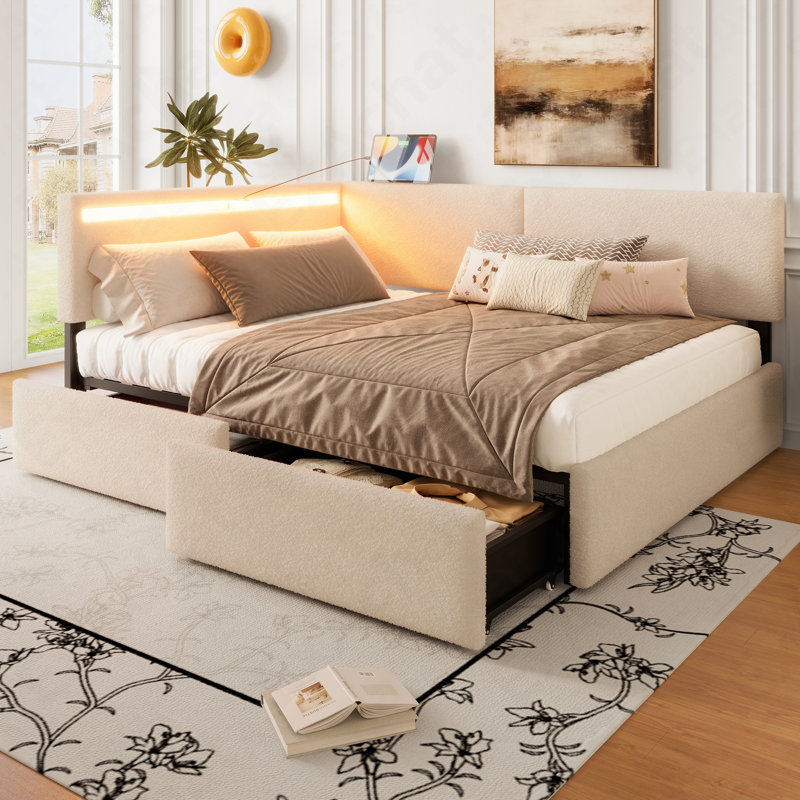 Base de lit simple à double boucle, structure de lit tapissier avec tête de lit, avec 2 tiroirs de rangement, lumière DEL et conception de chargement USB, pieds et lattes en bois massif, aucun sommier nécessaire, beige