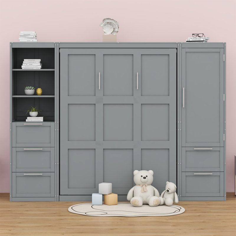 Murphy Bed Wall Bed With Closet ,Drawers And Shelves, Gray