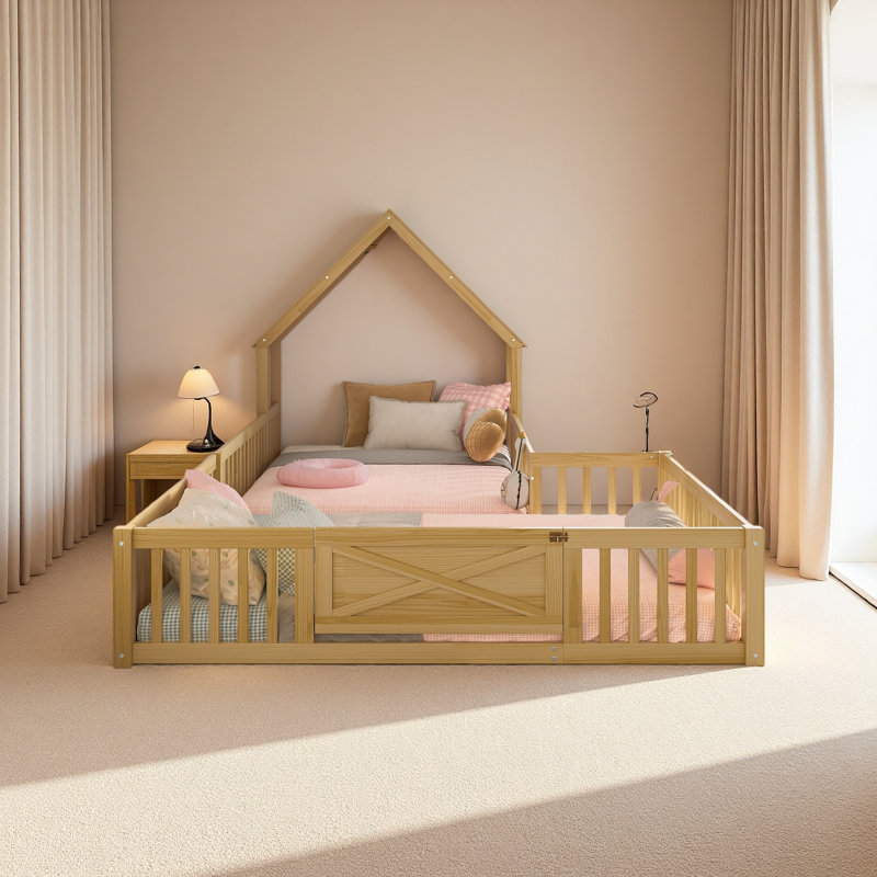 Lit de maison, lit de plancher avec porte et garde-corps pleine longueur, conception multifonctionnelle, Naturel, Lit double