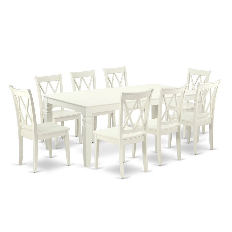 Ensemble de table de salle à manger 9 pièces comprenant une table de salle à manger rectangulaire avec rallonge papillon et 8 chaises en bois, lin blanc