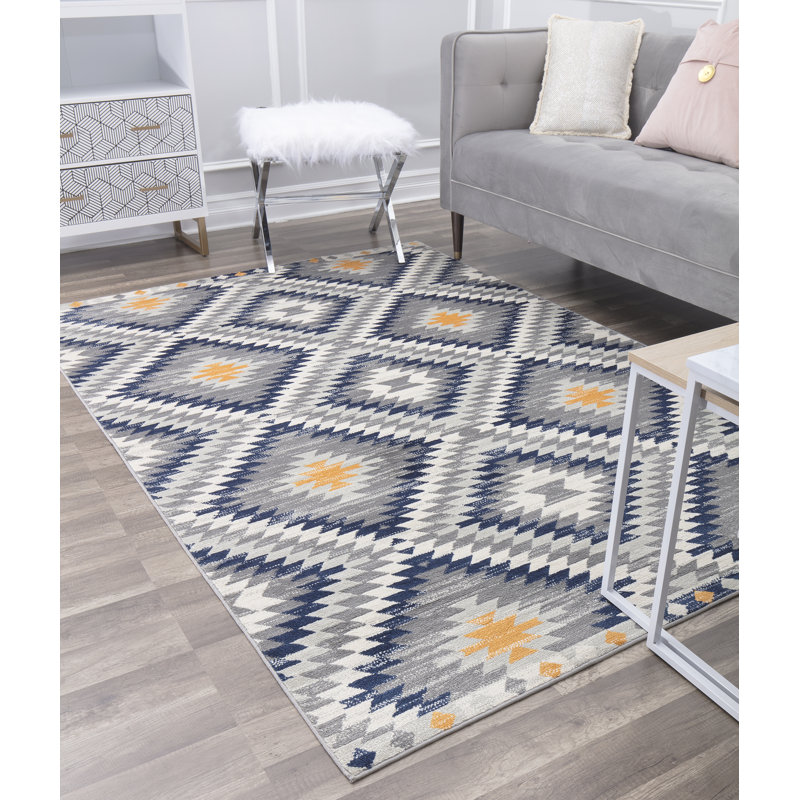 Heron Bodrum Tribal Kilim Denim Area Rug, Rectangle 8' x 10', Ivory/Navy/Orange/Silver/Gray