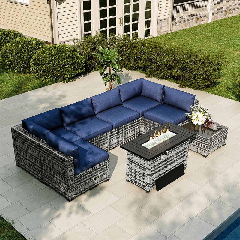 Ensemble de meubles de patio 8 pièces avec foyer au gaz propane, Bleu, Gris
