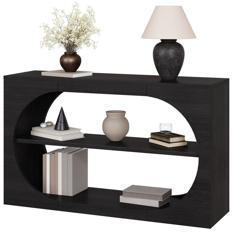 55" Farmhouse Console Table,3-Tier Large Capacity Long Entryway Table Sofa Table with Oval Hollowed Out, Black