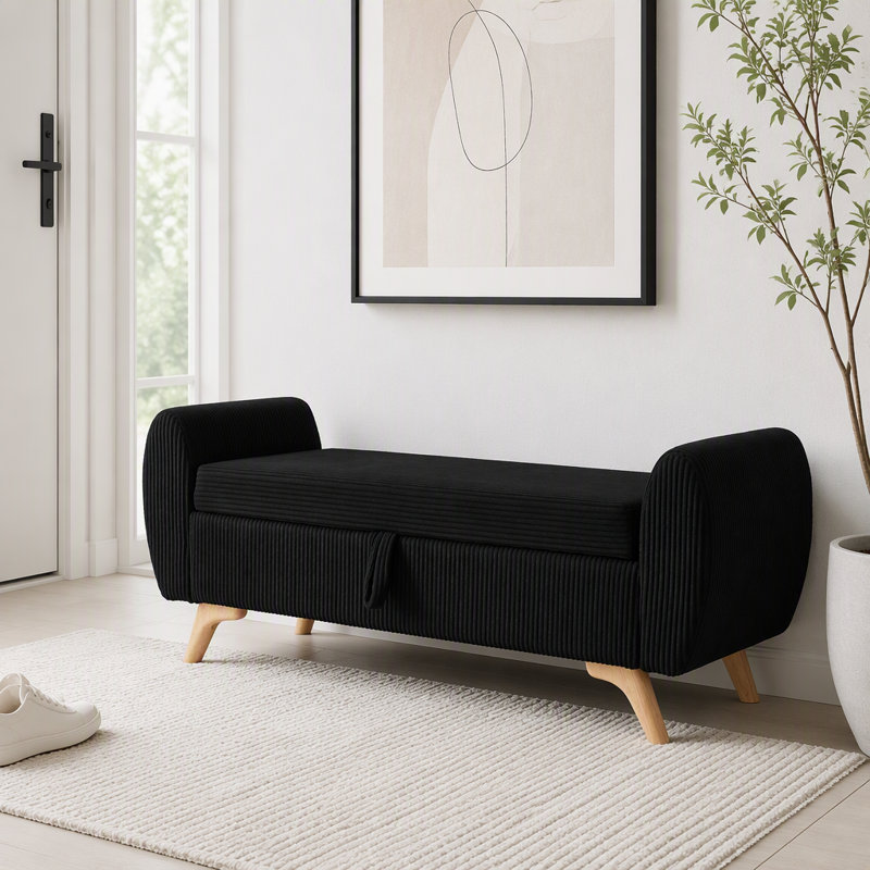 Banc rembourré en velours côtelé avec rangement 57 po, Noir
