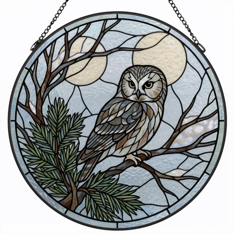Owl Branch Stained Glass Window Panel，7.8H, 7.8"H
