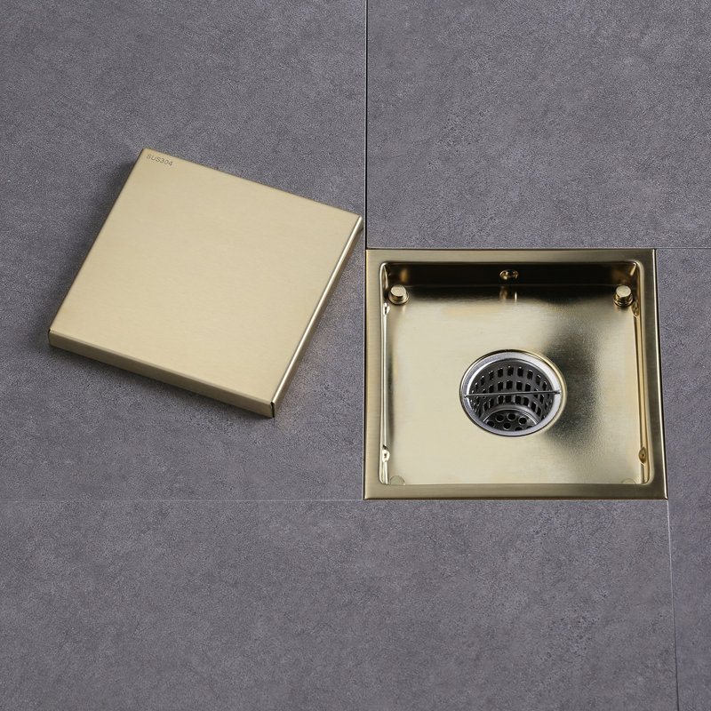 6 In. X 6 In. Tile Insert Stainless Steel Square Shower Floor Drain With Flange And Strainer, Gold