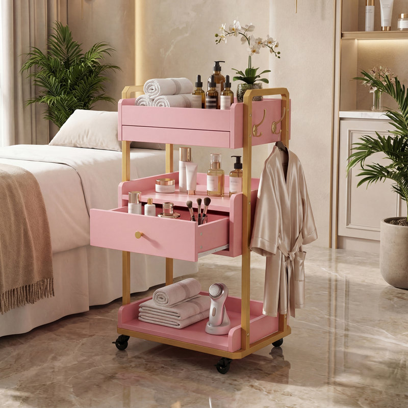 3-Tier Potable Station Rolling Cart with Locking Wheel, Mobile Storage for Salon, Spa, Office, Pink