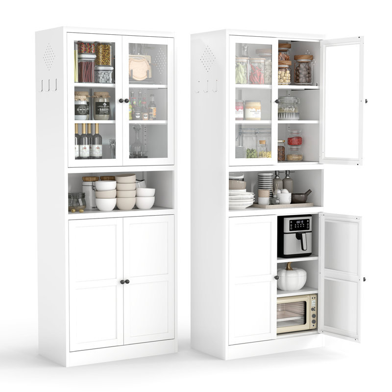 Armoire de rangement 72 po 4 portes en métal multi-pièces à 4 portes (2 en verre, 2 en métal) avec 4 tablettes réglables - idéale pour les chambres à coucher et les cuisines