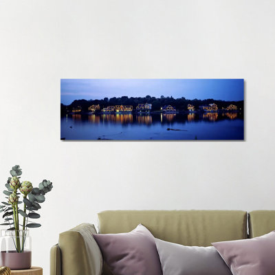 Boathouse Row Lit up at Dusk, Philadelphia, Pennsylvania, USA 1 Piece Wrapped Canvas Panoramic Wall Art