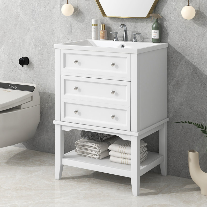 White Solid Wood Freestanding Bathroom Vanity with Ceramic Sink