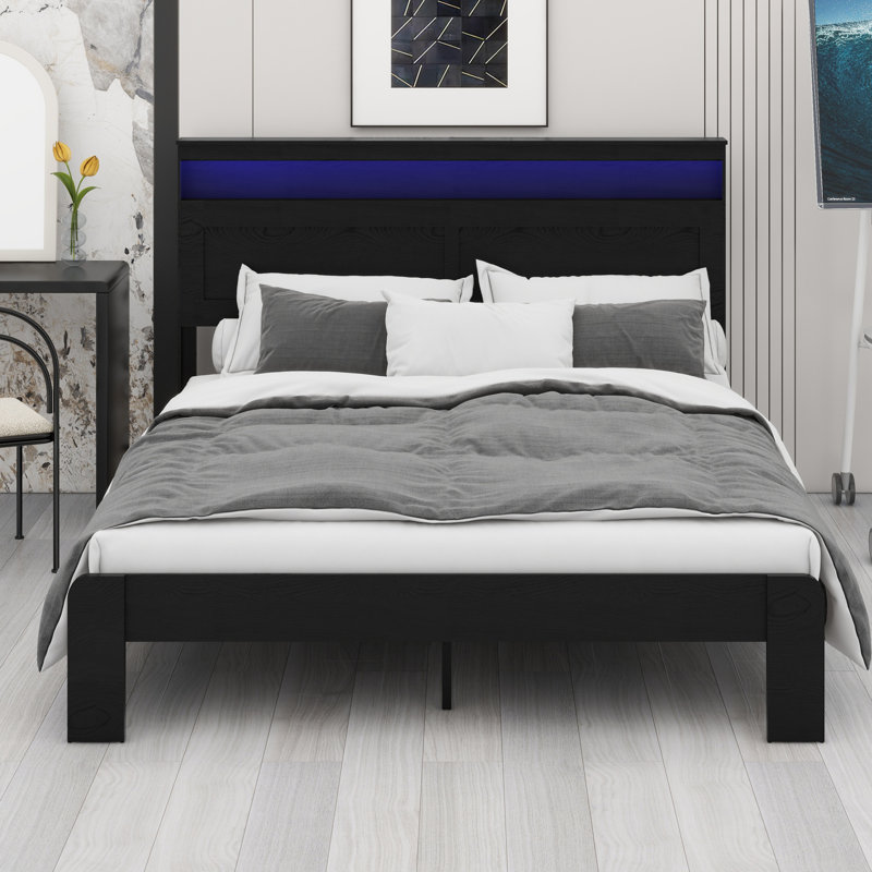 Structure de lit plateforme en bois avec tête de lit à DEL avec rangement et 2 USB, grand rangement sous le lit, Grand