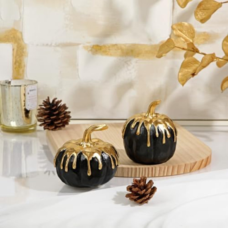 Citrouille décor 2 pièces citrouille en résine noire et dorée fausses citrouilles pour la décoration de figurines citrouilles artificielles centre de table rustique décorations d'Halloween pour la maison